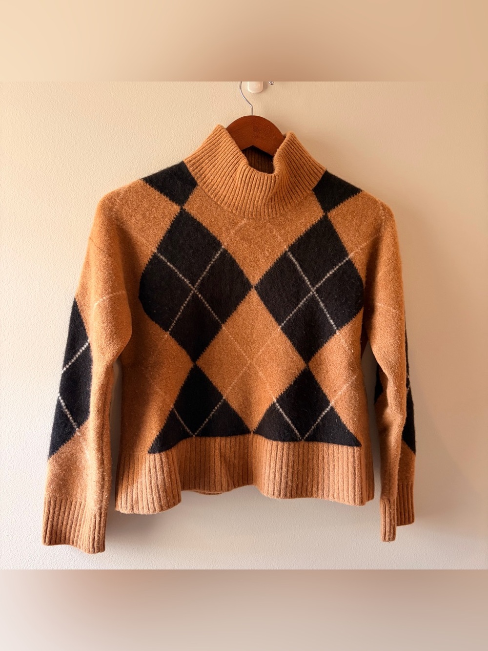 Everlane Size Medium Felted Merino Argyle Mockneck Sweater Brown Black - Picture 7 of 7